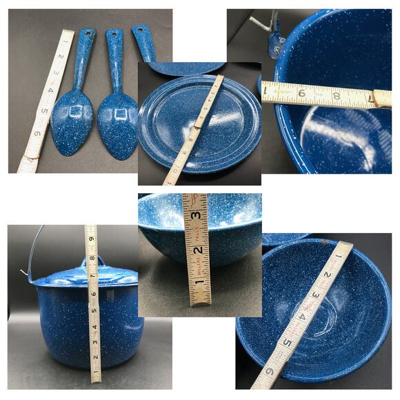 Vintage Blue Speckled Enamelware Camping Set - Pot with Lid Bowls Plates Spoons - Picture 11 of 11